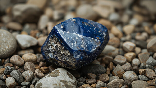 Raw blue gemstone sparkling on a bed of pebbles - Powered by Adobe