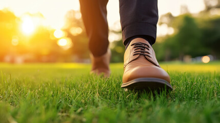 A man is walking on a grassy field with the sun shining on his face