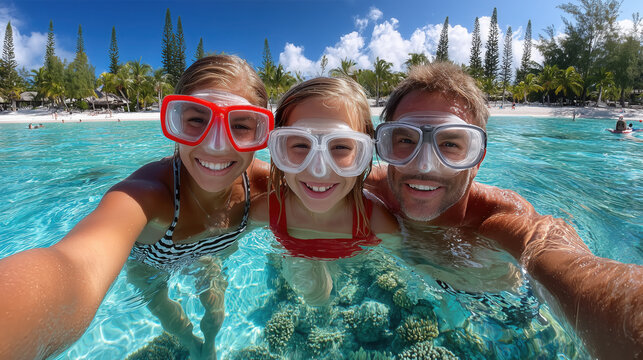 Family enjoying a fun day in the water, wearing snorkeling gear, smiling together in a tropical paradise, surrounded by clear blue water and vibrant coral reefs - Powered by Adobe