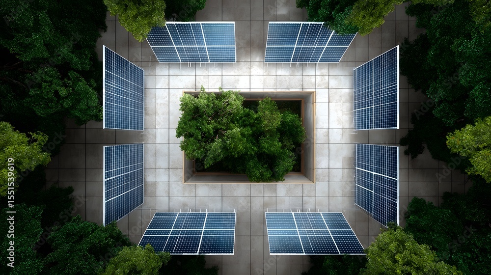 Poster an array of solar panels installed on a rooftop framed by a lush green canopy of trees showcasing a 