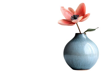 Ceramic bud vase with single bloom isolated on white background