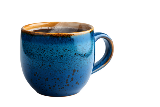 Ceramic mug with steam rising isolated on white background