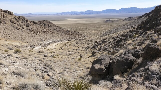 A high-angle, long shot of a desolate, rocky canyon leading to a vast, flat desert plain under a clear blue sky.  The terrain is dry and sparsely vegetated