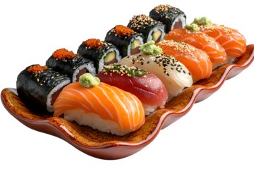 Ceramic plate with sushi assortment Japanese food art minimal dining concept isolated on white background