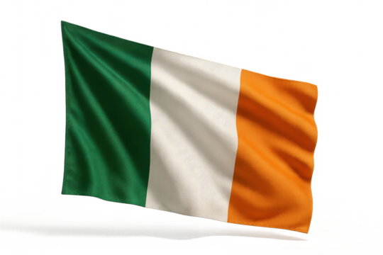 Detailed Irish flag waving isolated on transparent background, patriotic symbol