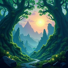 Enchanting Sunset Valley Framed by Ancient Trees