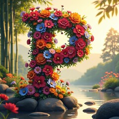 Floral Letter P in Serene Landscape