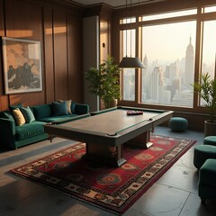 Luxury Billiards Room with Stunning City View at Sunset