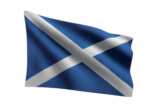 Waving flag of Scotland isolated on transparent background, fabric texture, blue