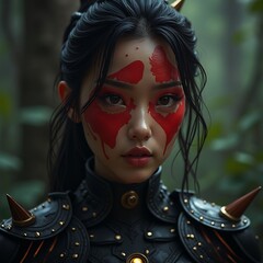 Portrait of a Female Warrior with Red Face Paint