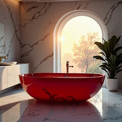 Red Freestanding Bathtub in Luxurious Marble Bathroom