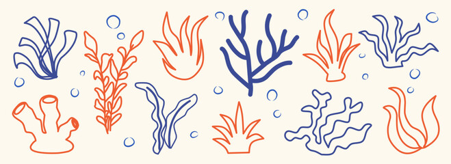Set of Seaweeds and coral reef underwater plant vector collection. Aquarium, ocean and marine algae water plants, corals isolated on white. Seaweeds polyps silhouettes. Branches, twigs and flowers.