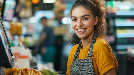 Close-up smiling-employees-at-the-checkout