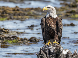 Bald Eagle Perched by Water (물가에 앉은 흰머리수리)