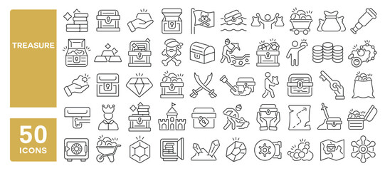 Set of 50 line icons related to treasure, chest, money, gold, crate, jewelry, treasure hunting, Editable stroke. Vector illustration