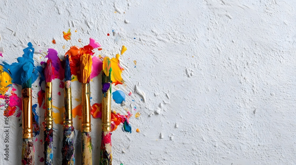 Poster flat lay composition featuring paintbrushes dipped in a spectrum of colors creating a dynamic and expressive paint splatter pattern on a white plaster wall background