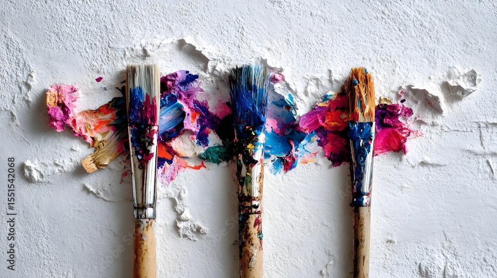 Poster Colorful paint splatters and brushes on a textured plaster wall creating a dynamic and expressive composition