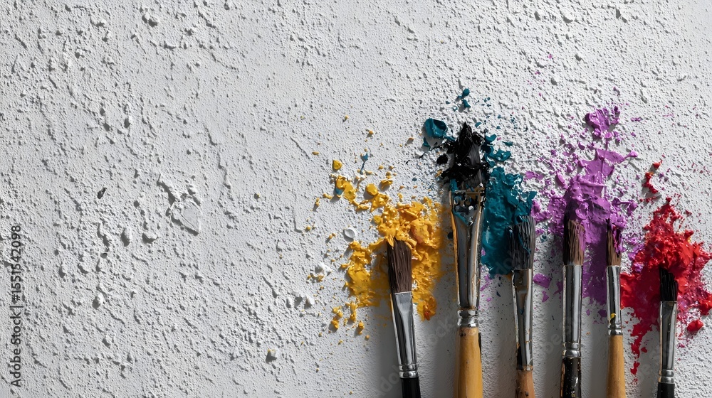 Poster a dynamic composition of colorful paint splatters and brush strokes on a white plaster wall showcasi