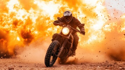 A fearless motorcyclist speeds through a dramatic explosion, capturing adrenaline, excitement, and adventure in a thrilling, high-octane moment filled with energy and motion.