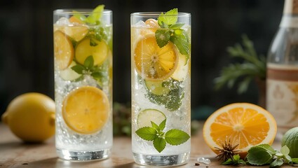 Fototapeta premium Sparkling Citrus Mint Drink in Tall Glasses with Lemon, Lime, and Ice – Refreshing Summer Beverage Concept