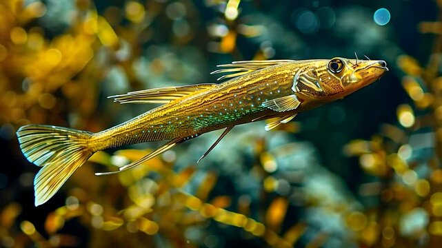 A needle fish glides effortlessly amid lush underwater plants, showcasing its sleek form and shimmering scales in a sunlit ocean environment