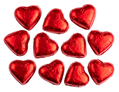 Dark Chocolate Hearts Wrapped in Red Foil, Scattered Gift Composition, isolated on transparent background - Powered by Adobe