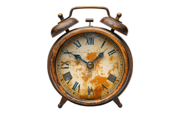 Classic alarm clock with roman numerals and metal frame vintage object isolated on white background