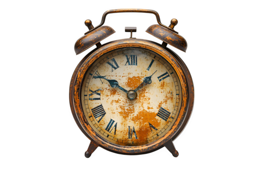 Classic alarm clock with roman numerals and metal frame vintage object isolated on white background