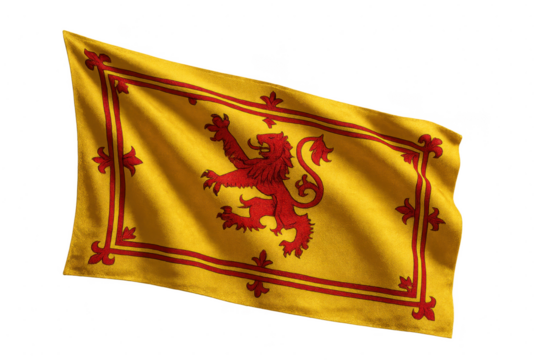 Royal Standard of Scotland flag waving, isolated on transparent background.