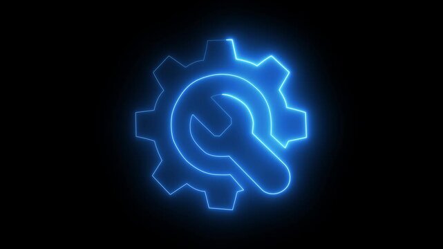 Glowing Spinning gears animation. Glowing neon blue color setting icon Technology setting icon Adjusting, service, setting, maintenance, ....        