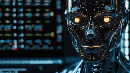 Futuristic Metal Robot Head with Illuminated Eyes and Visible Internal Circuitry