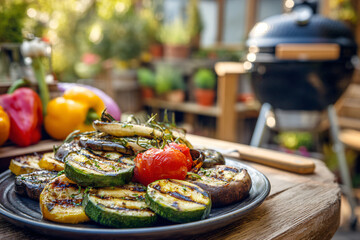 Grilled vegetables. Vege barbecue in the garden. Tomatoes, asparagus, pepper.