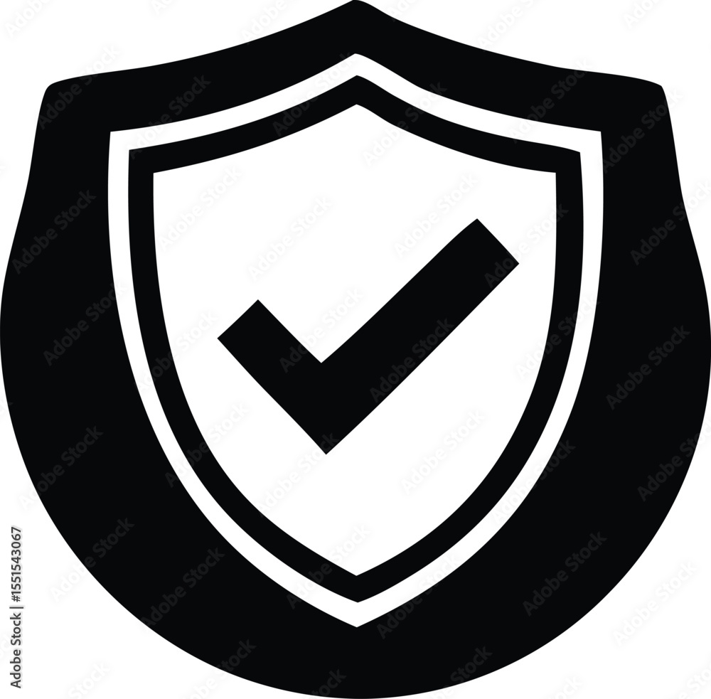 Poster black shield icon with a white checkmark inside symbolizing security approval and verified status fo