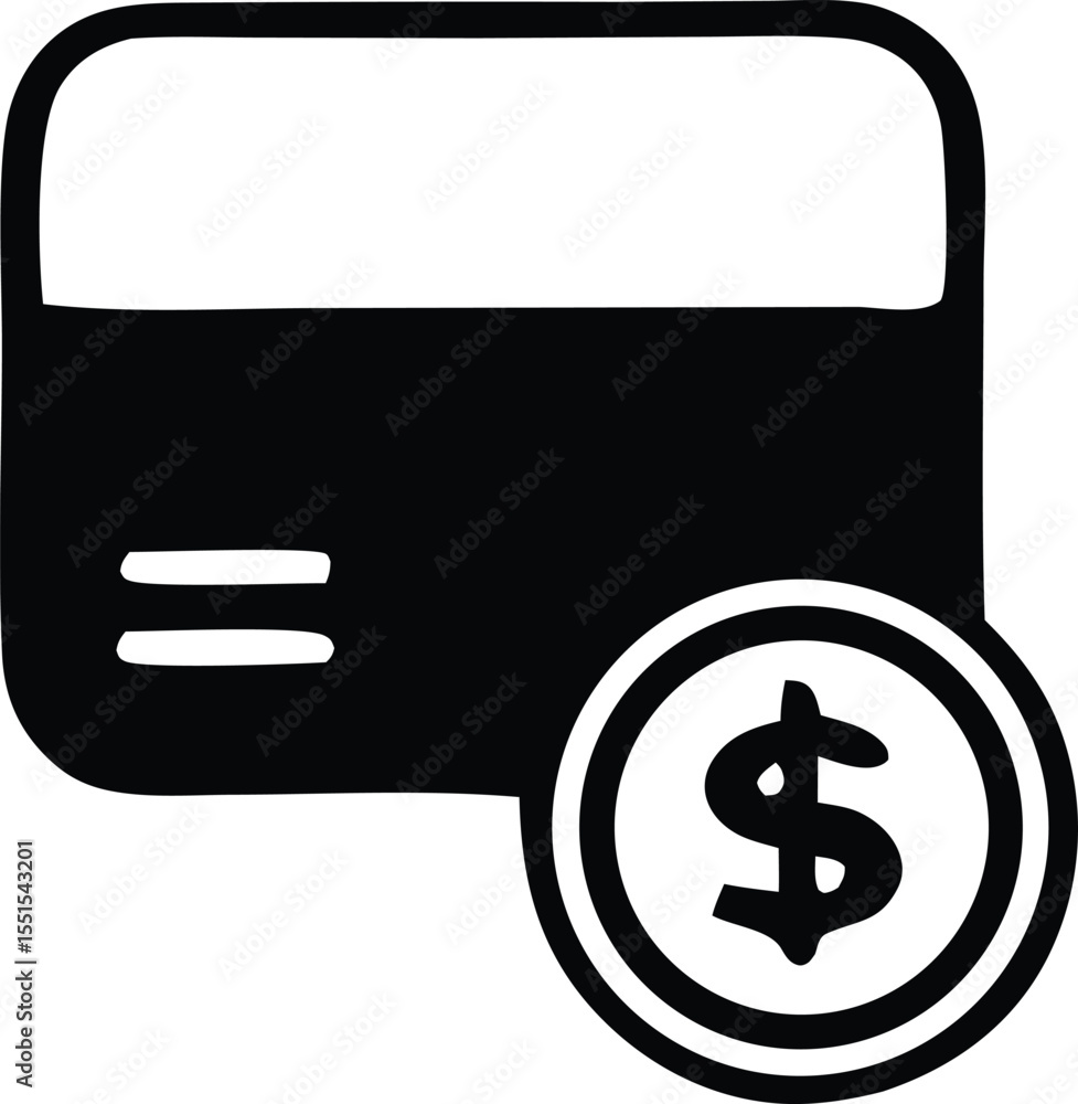 Poster simple black and white icon representing a credit card with two horizontal lines and a coin featurin