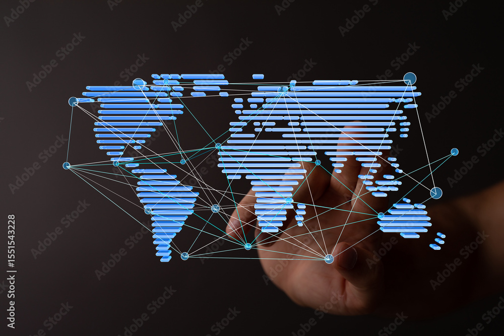 Poster high-tech image of a digital world map with interconnected nodes, representing global communication 