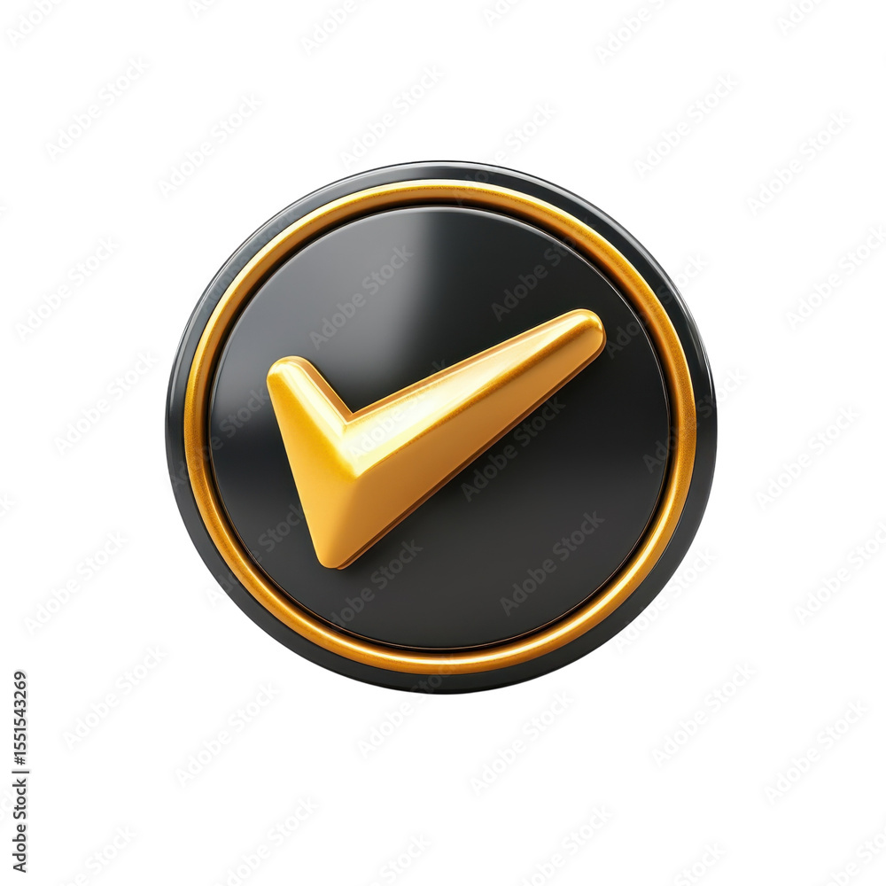 Poster golden check mark icon on black button success approval and validation on transparent background