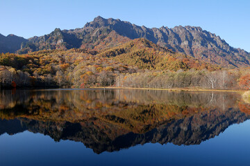 Obraz premium Kagamiike lake in autumn Togakushi，Nagano / 錦秋の戸隠高原，鏡池 @信州長野