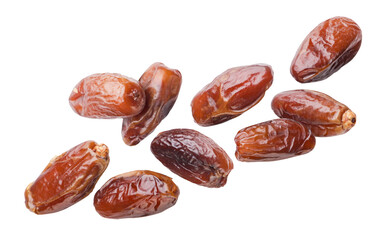 Dates fruits flying close-up on a white. Isolated