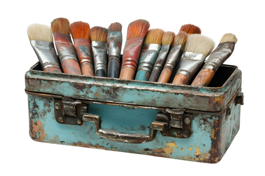 Clay modeling tools in metal case isolated on white background