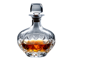 Clear glass decanter with stopper isolated on white background