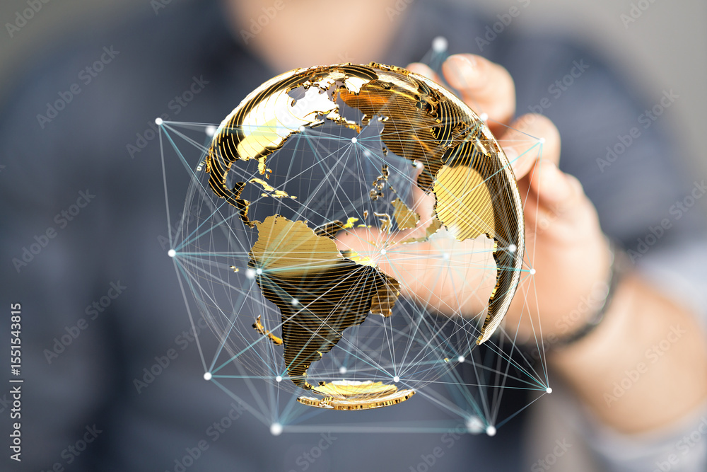 Poster Image depicts a golden globe with interconnected lines, symbolizing global communication and networking.
