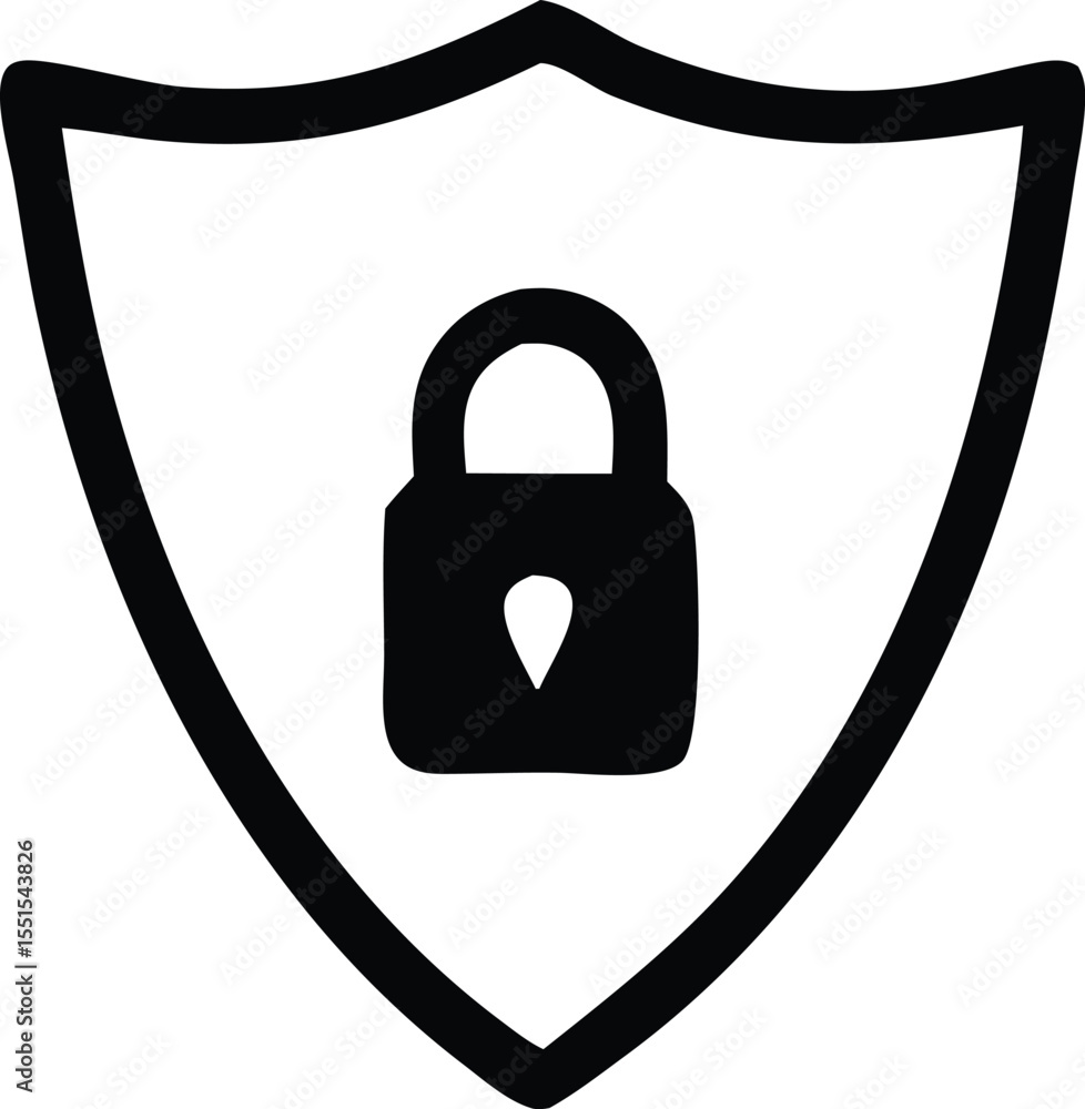 Poster a simple black outline of a shield containing a black padlock with a keyhole symbol inside represent