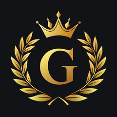 Elegant golden letter G logo with crown and laurel design for luxury branding and royalty
