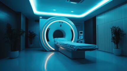 A sleek, modern MRI machine in a high-tech medical room highlights the advancements in healthcare technology and patient care in a clean, well-lit environment.