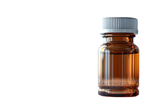 Clear glass medicine bottle with childproof cap isolated on white background