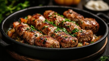 Fototapeta premium A tantalizing display of beautifully grilled meat skewers garnished with fresh herbs, showcasing the appeal of delicious culinary delights for food enthusiasts.