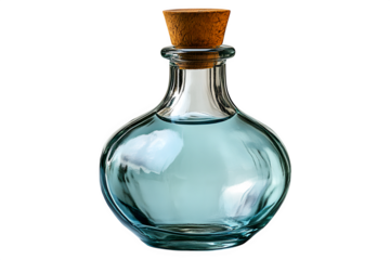 Clear glass oil bottle with pour spout isolated on white background