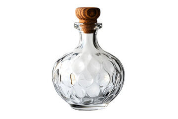 Clear glass oil bottle with pour spout isolated on white background