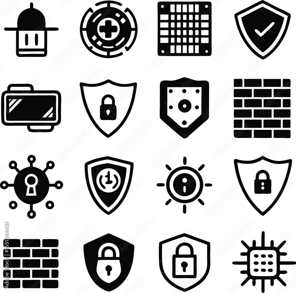 Poster collection of cybersecurity and digital protection icons featuring shields locks firewalls and compu