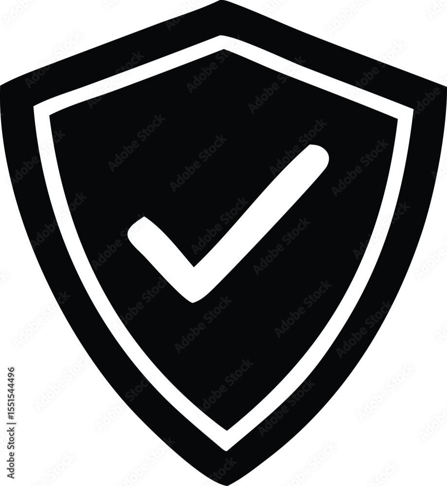 Poster a black shield icon with a white checkmark inside symbolizing security approval and verification for